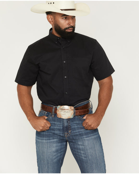 Men's Basic Solid Short Sleeve Button-Down Stretch Western