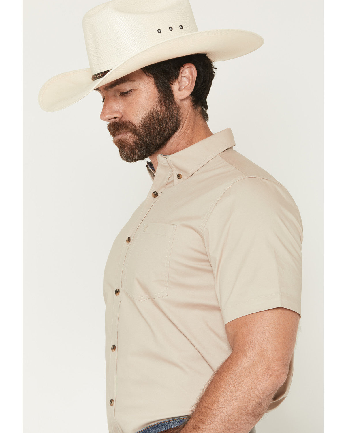 Men's Basic Solid Short Sleeve Button-Down Stretch Western