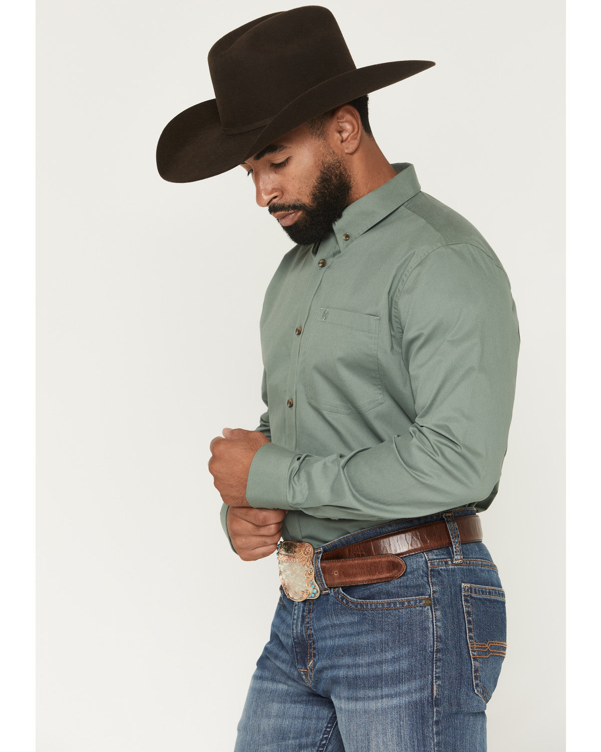 Men's Basic Solid Long Sleeve Button-Down Stretch Western S