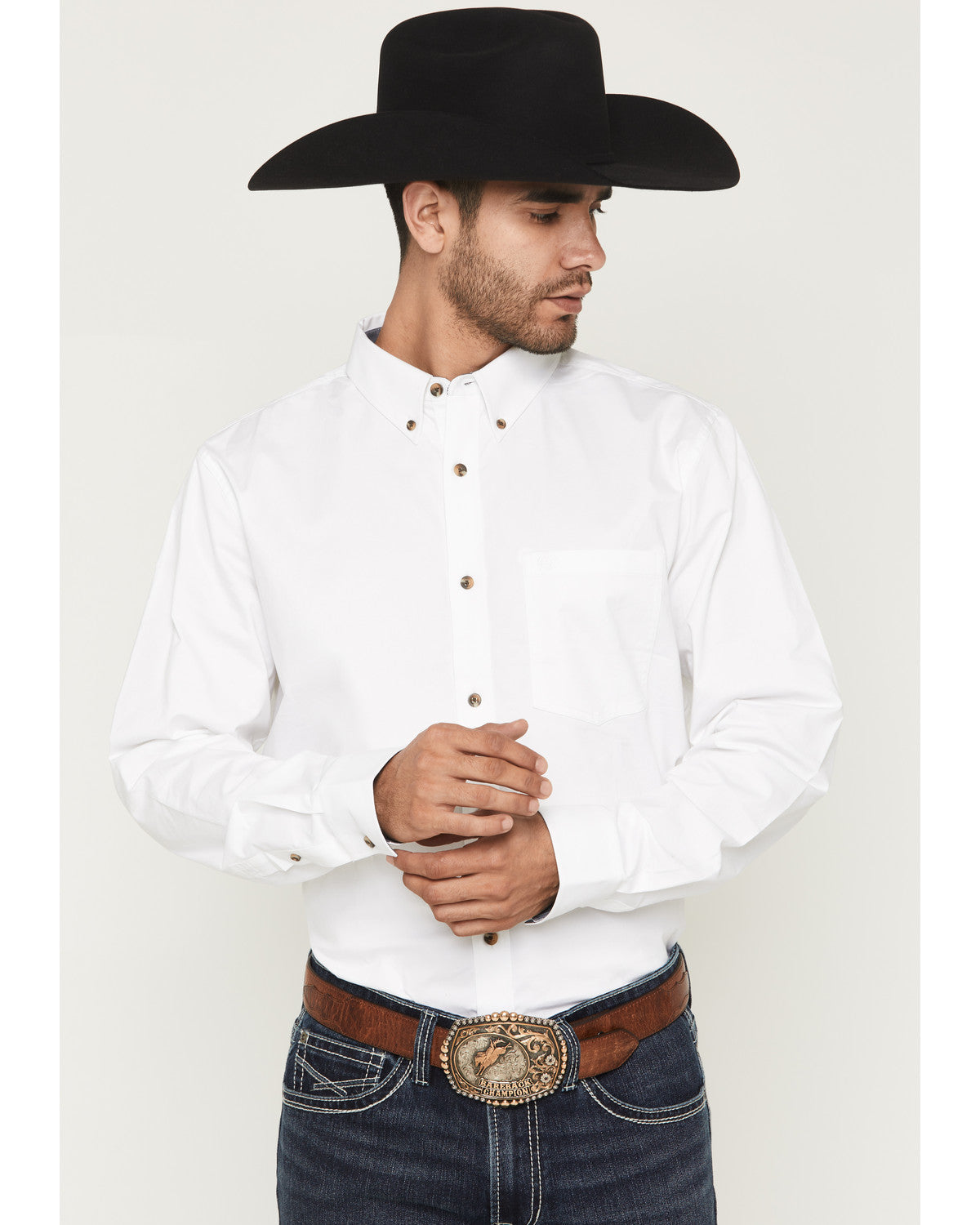 Men's Basic Solid Long Sleeve Button-Down Stretch Western S