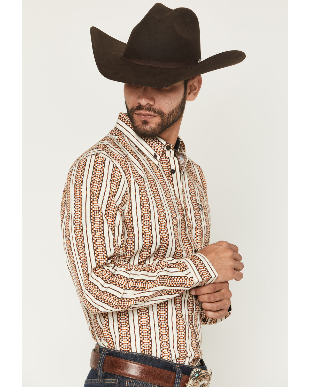 Men's Waylon Geo Stripe Print Long Sleeve Button-Down Stret