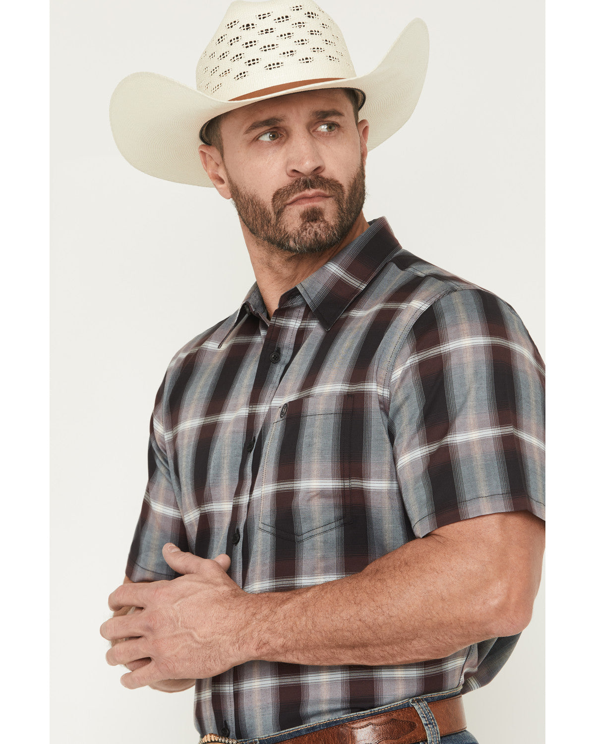 Men's Bowen Plaid Print Short Sleeve Button-Down Stretch We