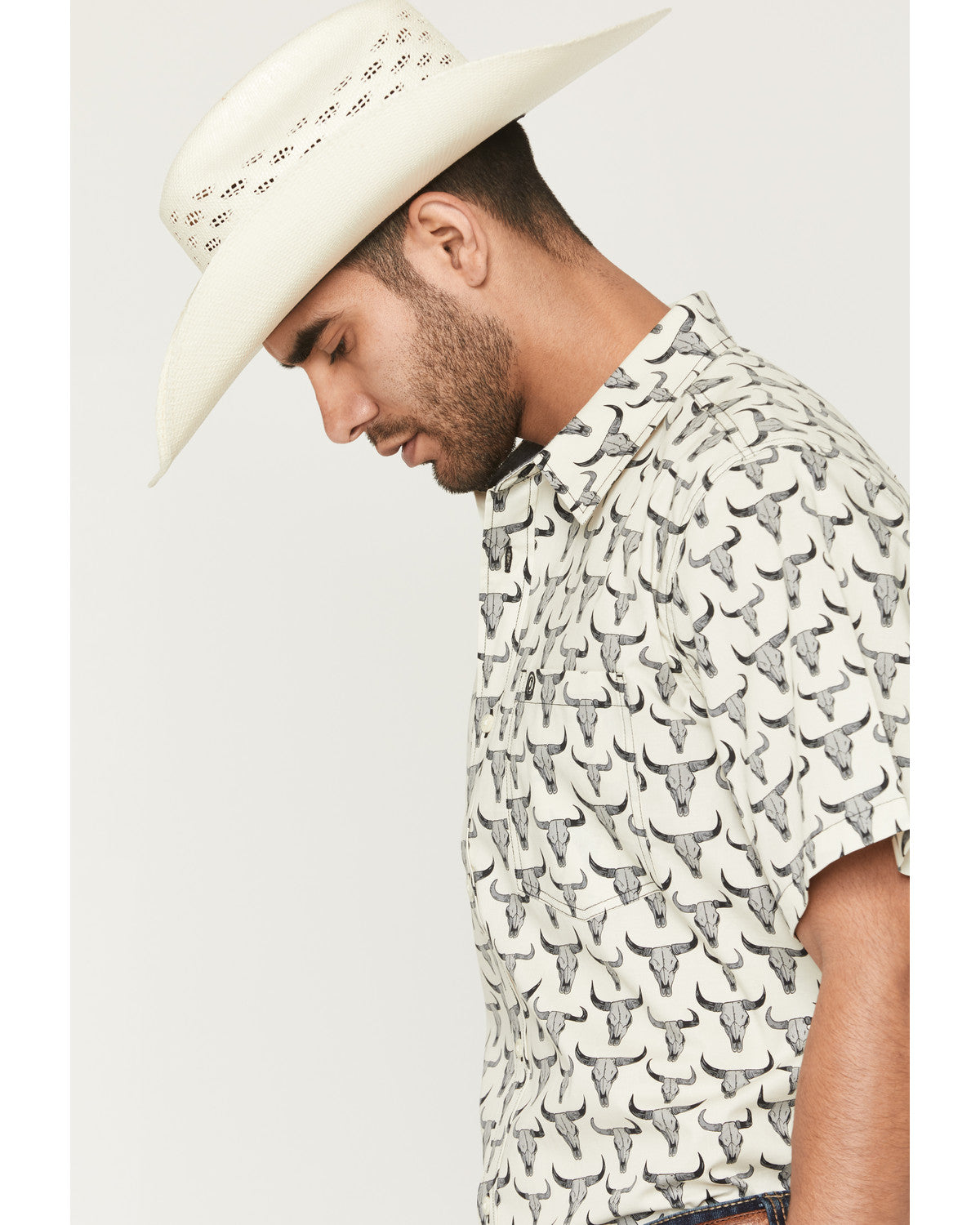 Men's Toro Steer Head Print Short Sleeve Button-Down Stretc