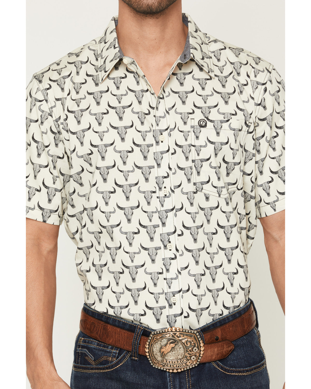 Men's Toro Steer Head Print Short Sleeve Button-Down Stretc
