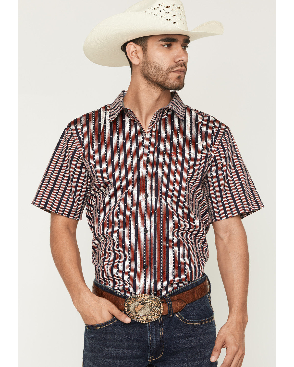 Men's Stripe Steerhead Short Sleeve Button-Down Stretch Wes