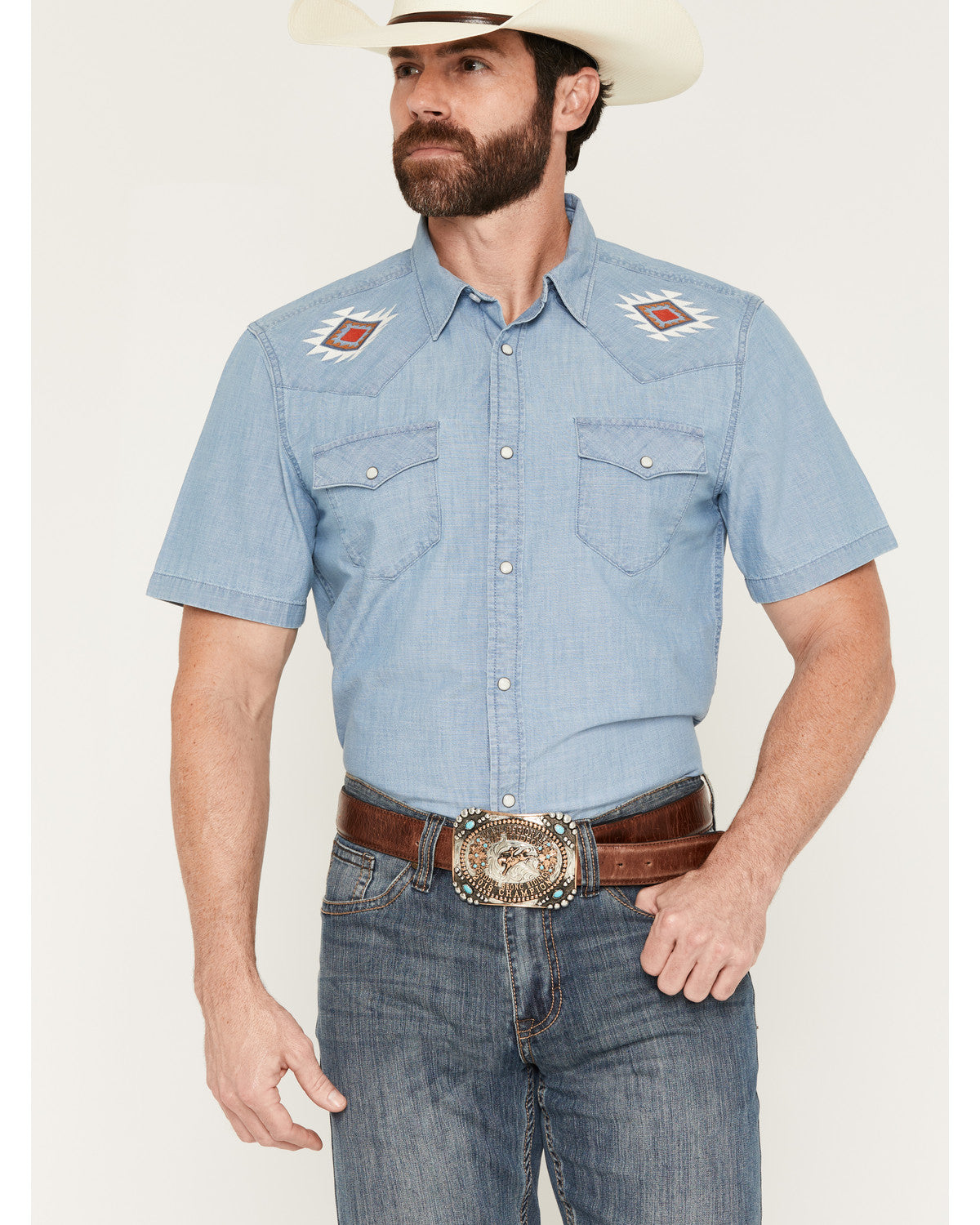 Men's Tucson Embroidered Denim Short Sleeve Snap Western Sh