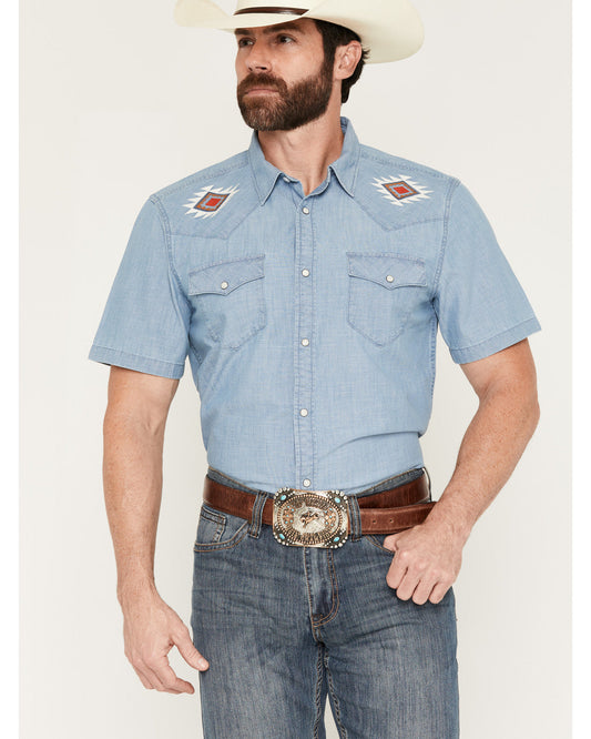 Men's Tucson Embroidered Denim Short Sleeve Snap Western Sh