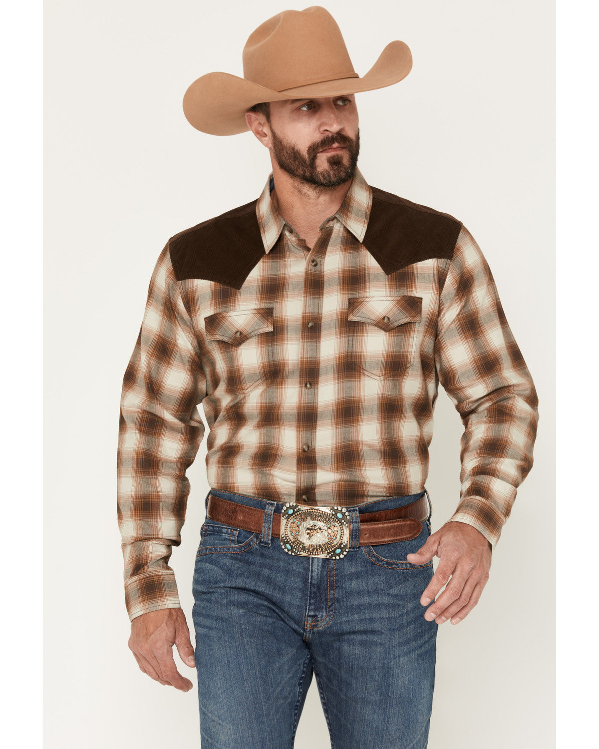 Men's Mad Plaid Print Corduroy Long Sleeve Snap Western Shi