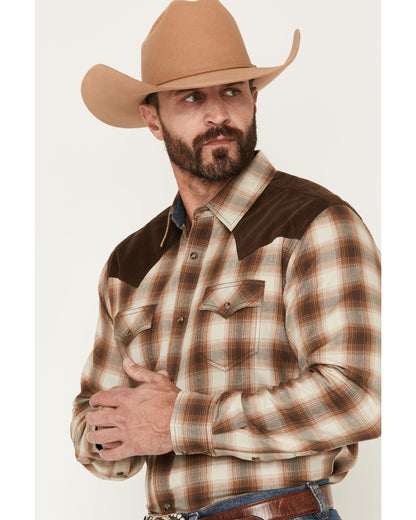 Men's Mad Plaid Print Corduroy Long Sleeve Snap Western Shi