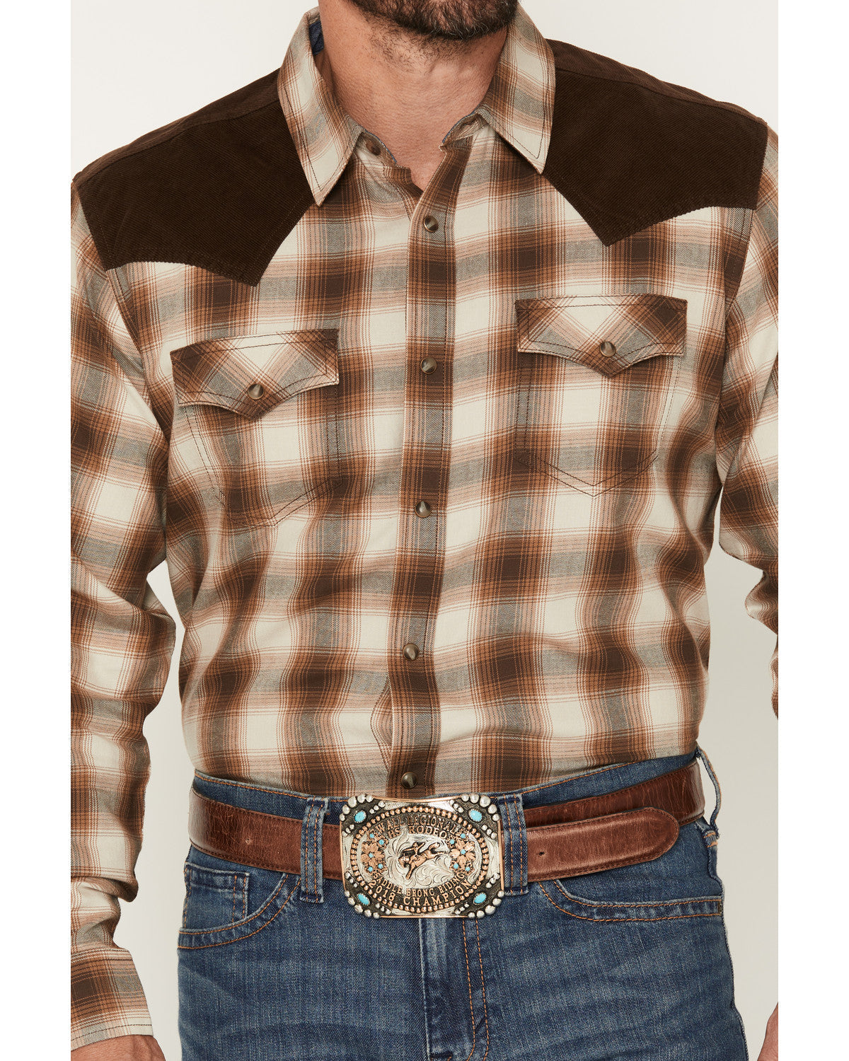 Men's Mad Plaid Print Corduroy Long Sleeve Snap Western Shi