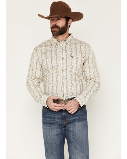 Men's Hickory Floral Stripe Print Long Sleeve Button-Down S