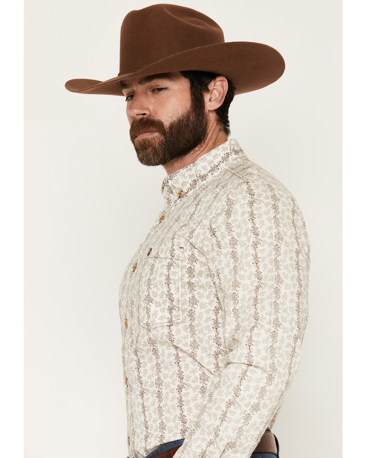 Men's Hickory Floral Stripe Print Long Sleeve Button-Down S