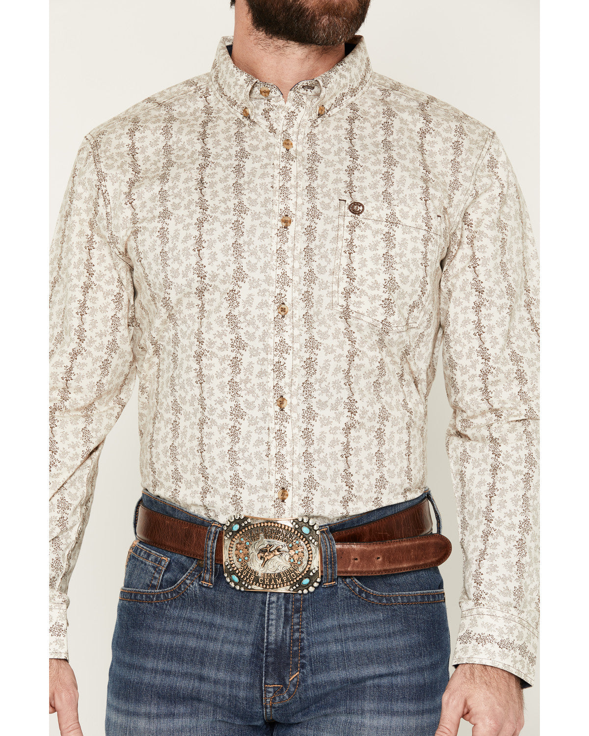 Men's Hickory Floral Stripe Print Long Sleeve Button-Down S