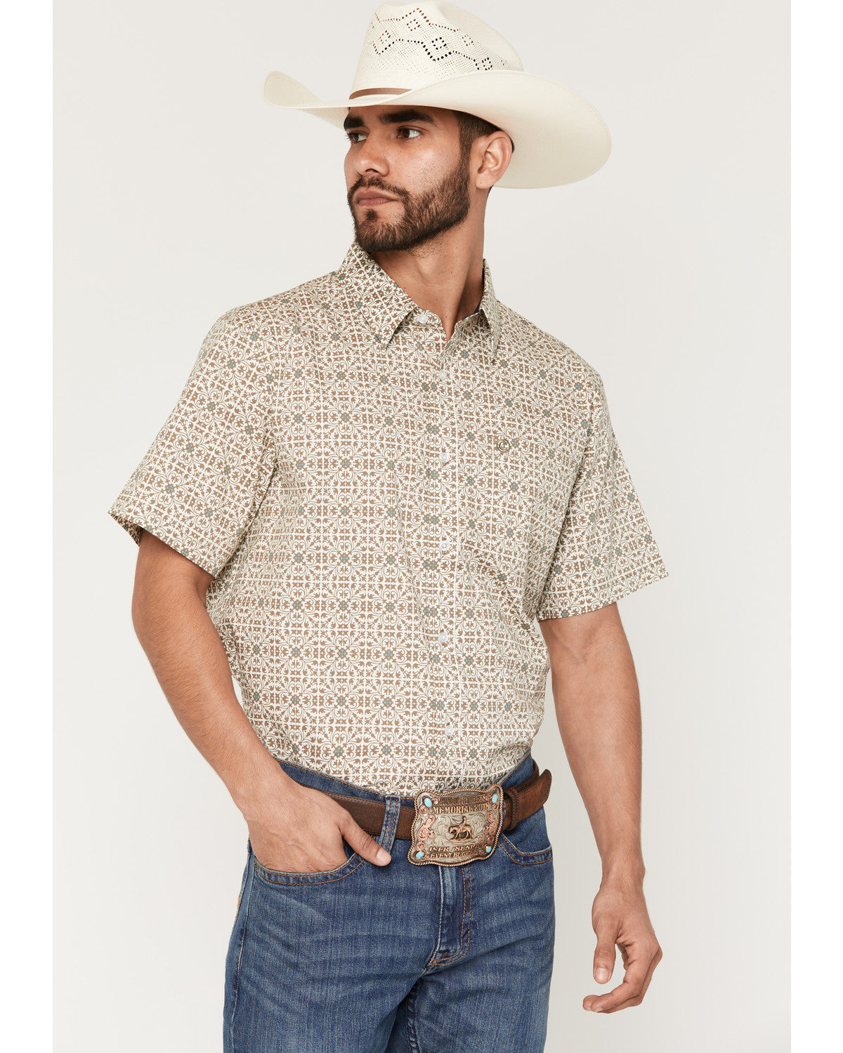 Men's Mind Trap Geo Print Short Sleeve Button-Down Stretch