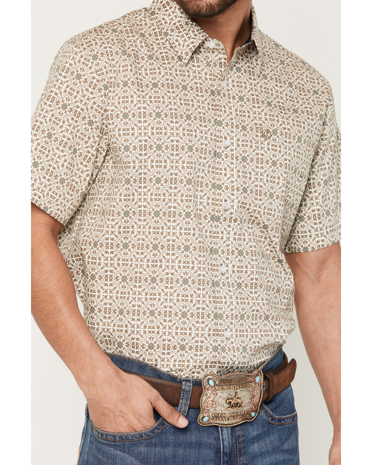 Men's Mind Trap Geo Print Short Sleeve Button-Down Stretch