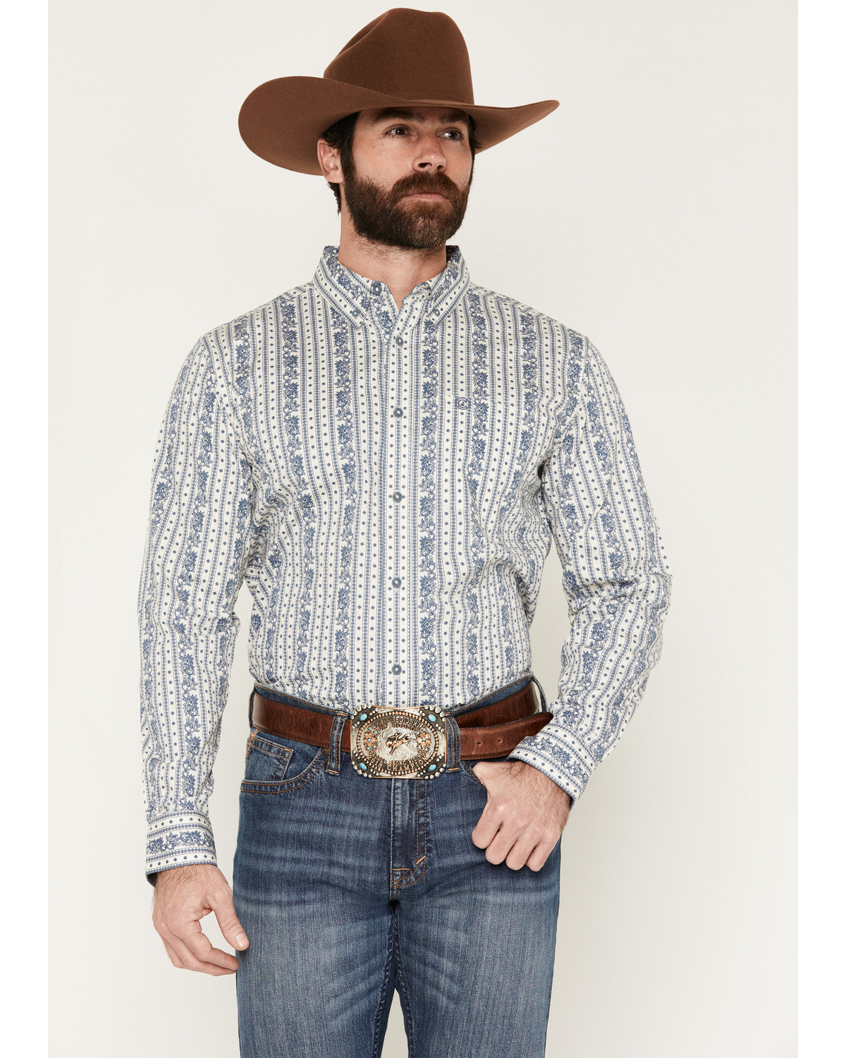 Men's Day Drinker Floral Stripe Print Long Sleeve Button-Do