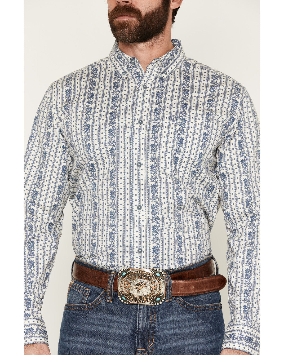 Men's Day Drinker Floral Stripe Print Long Sleeve Button-Do