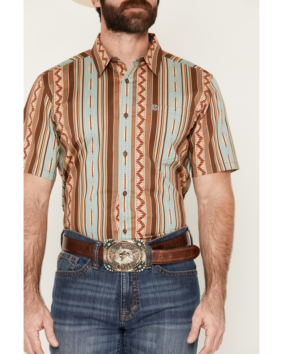 Men's Southwestern Stripe Print Short Sleeve Button-Down St