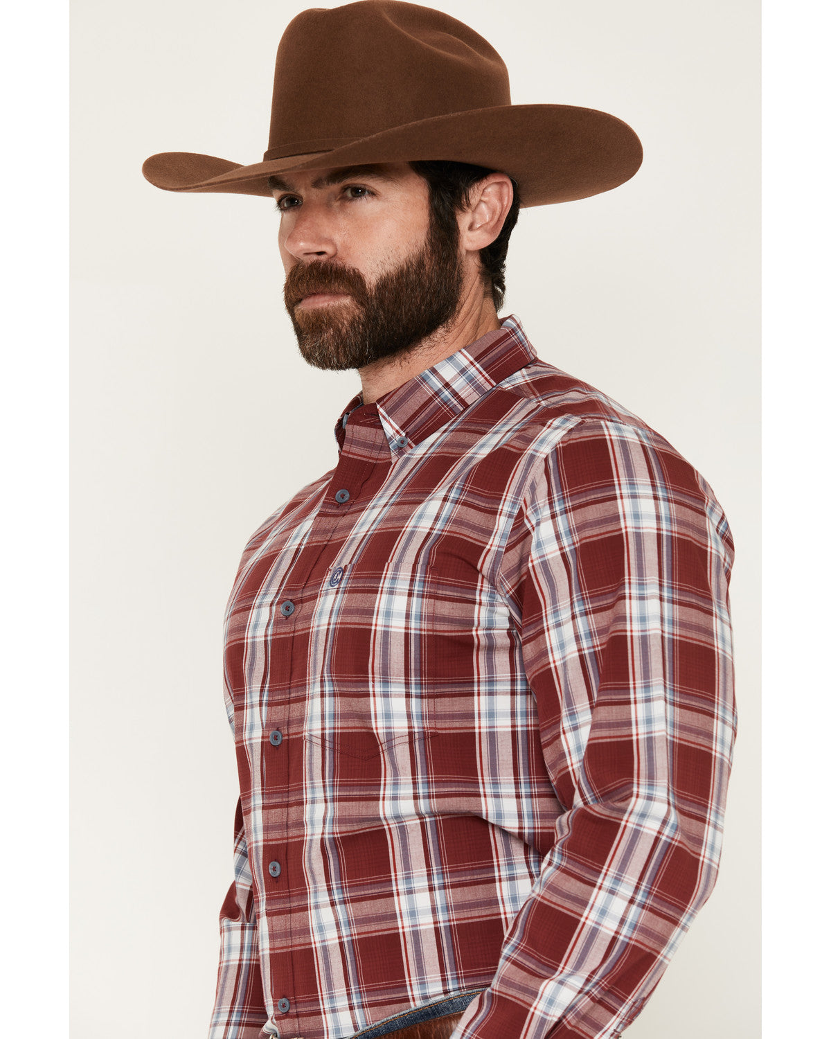 Men's Ruby Red Plaid Print Long Sleeve Button-Down Stretch