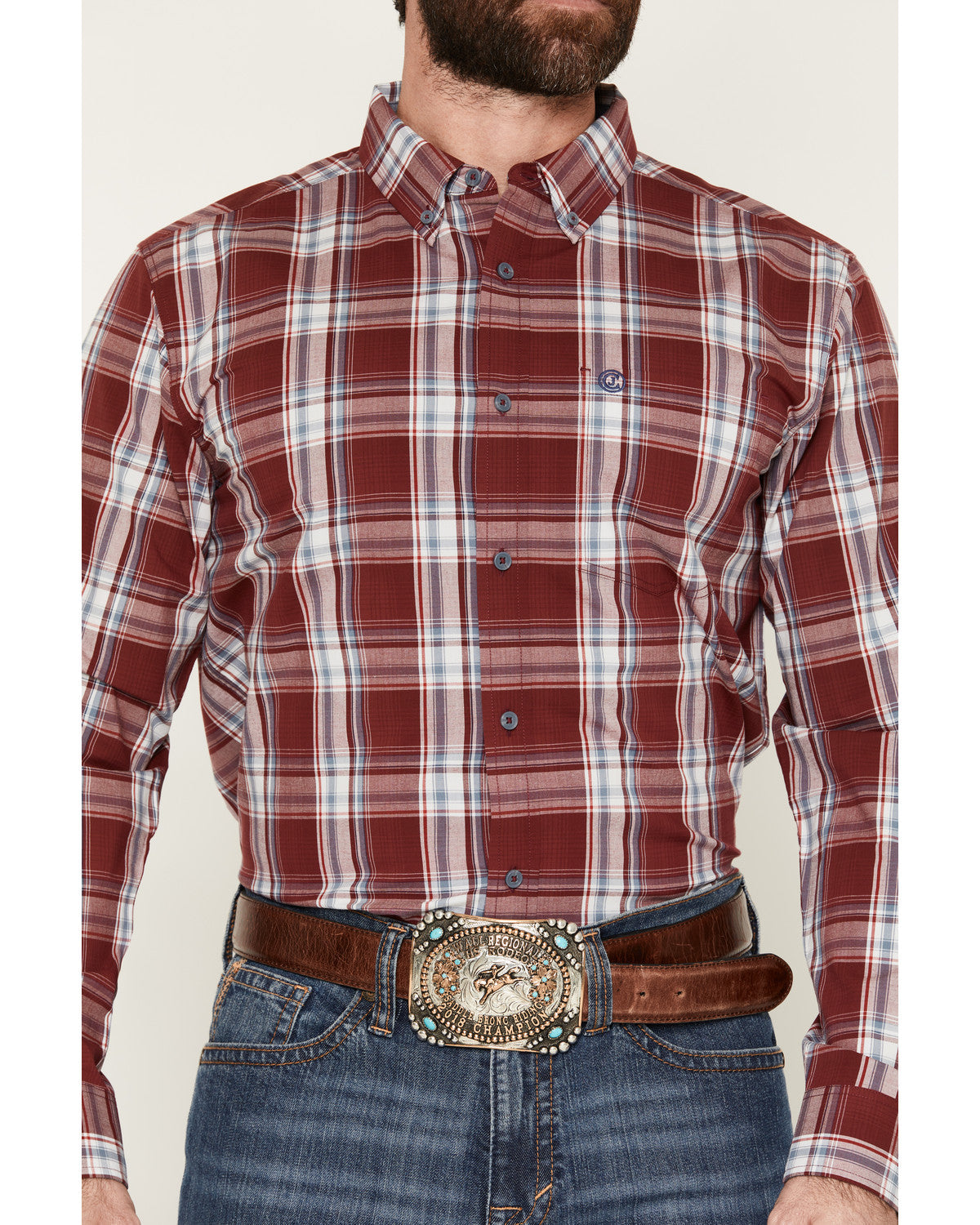 Men's Ruby Red Plaid Print Long Sleeve Button-Down Stretch
