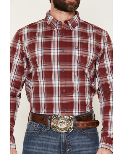 Men's Ruby Red Plaid Print Long Sleeve Button-Down Stretch